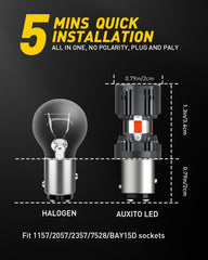 AUXITO plug-and-play compatibility for 1157 BAY15D sockets across many vehicles.