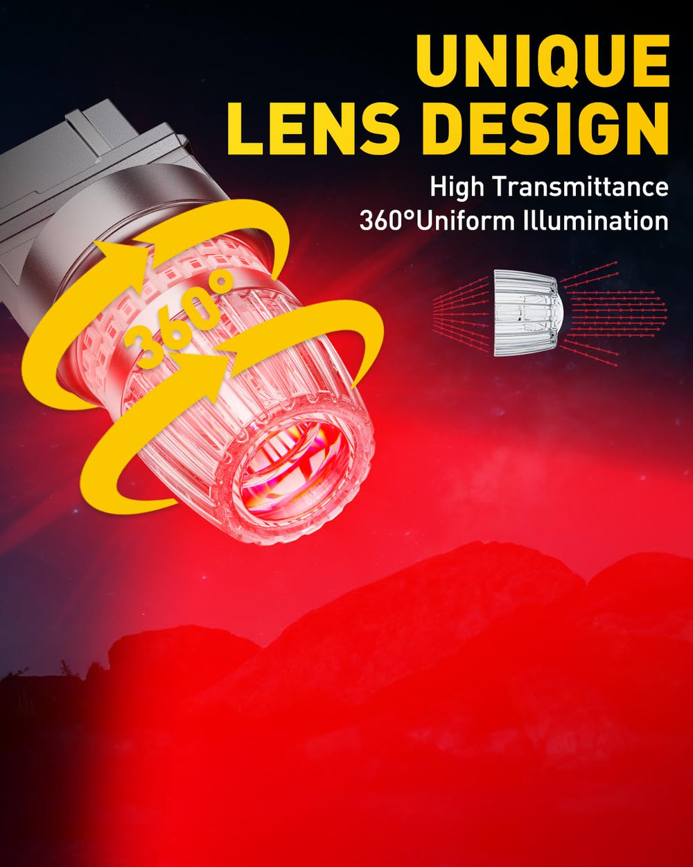 Auxito red tail light bulb showing 360-degree illumination for brake visibility.