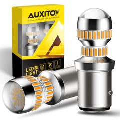 AUXITO 1157 amber LED bulb front signal glow for better visibility.