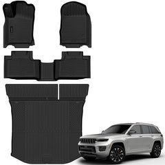 Auxko all-weather floor mats in front view showing precise fit for Jeep Grand Cherokee.