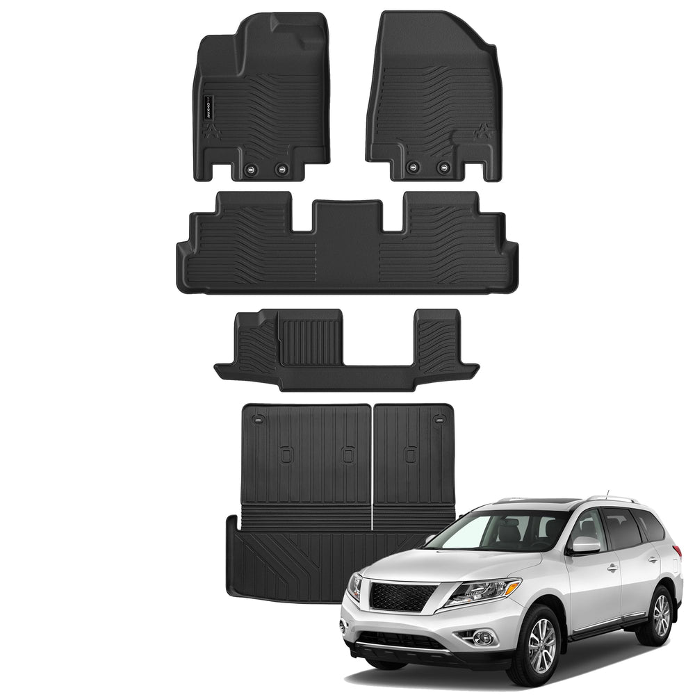 Auxko all-weather floor mats for Nissan Pathfinder front view showing precise fit and protection