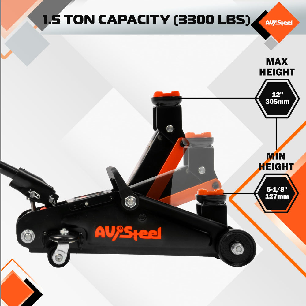 AV Steel floor jack side view demonstrates portable design and easy maneuverability.