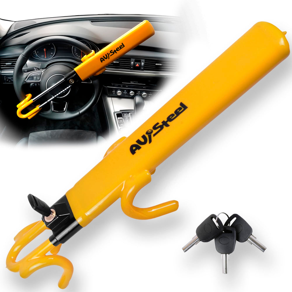 AV Steel steering wheel lock with double-hook mechanism for enhanced security