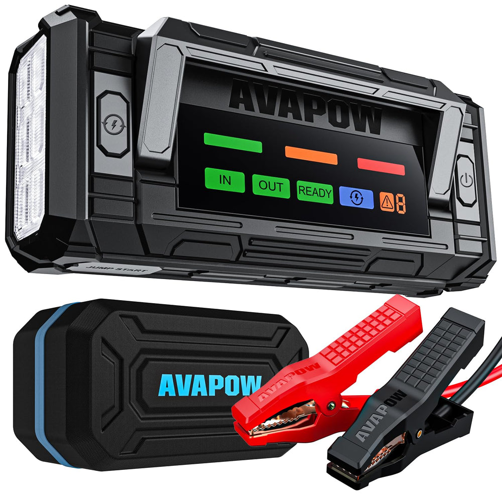 AVAPOW 8000A front view showing rugged jump starter ready for roadside starts