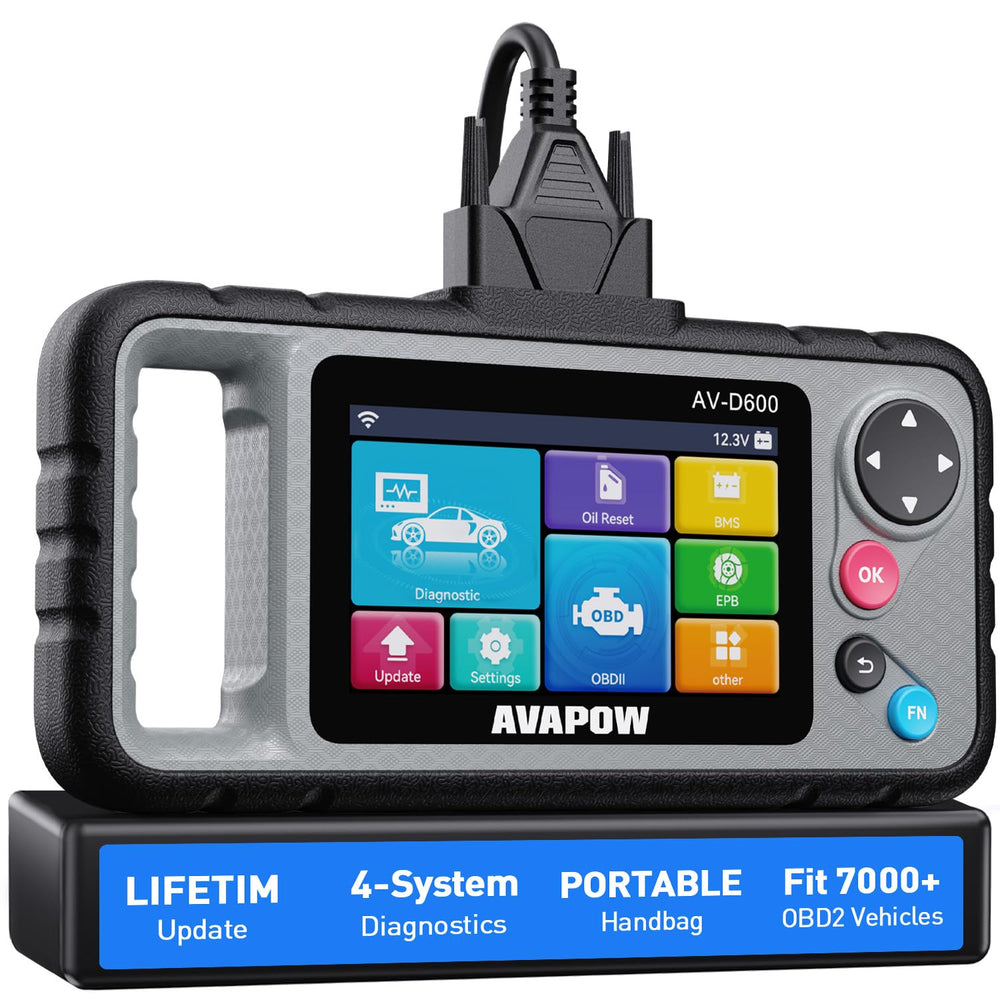 AVAPOW AV-D600 showing four-systems diagnostics on screen