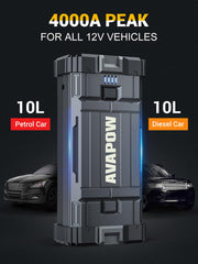 AVAPOW built-in LED light modes for emergencies and outdoor use.