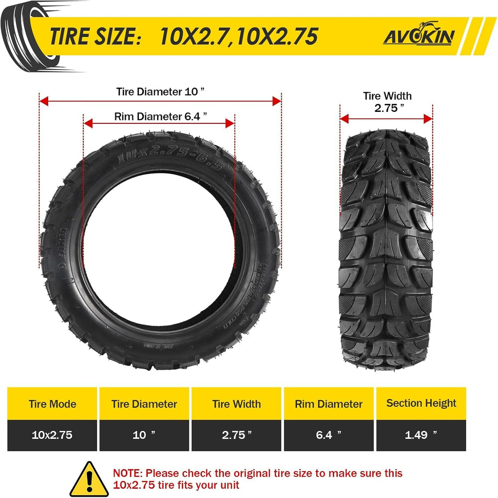 AVOKIN tire dimensions graphic showing 10 inch diameter and 3.2 inch width