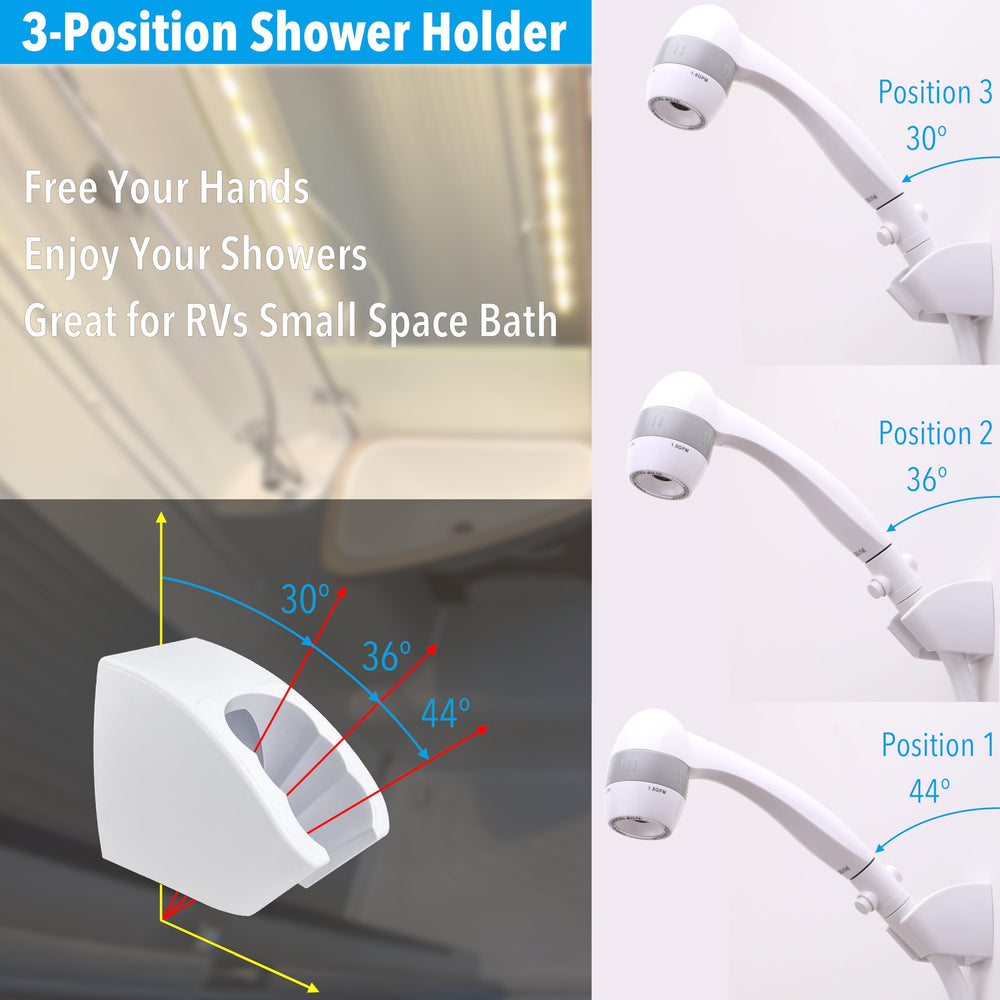 Awelife 3-position holder keeps hands-free use in small RV showers.