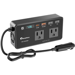 AWELTEC 200W inverter front view highlighting compact size for easy in-car power.
