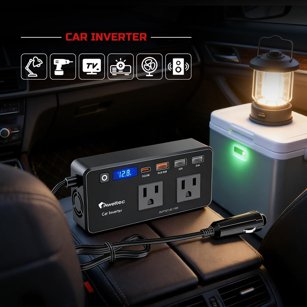 AWELTEC 200W inverter with four USB ports supports multiple devices.