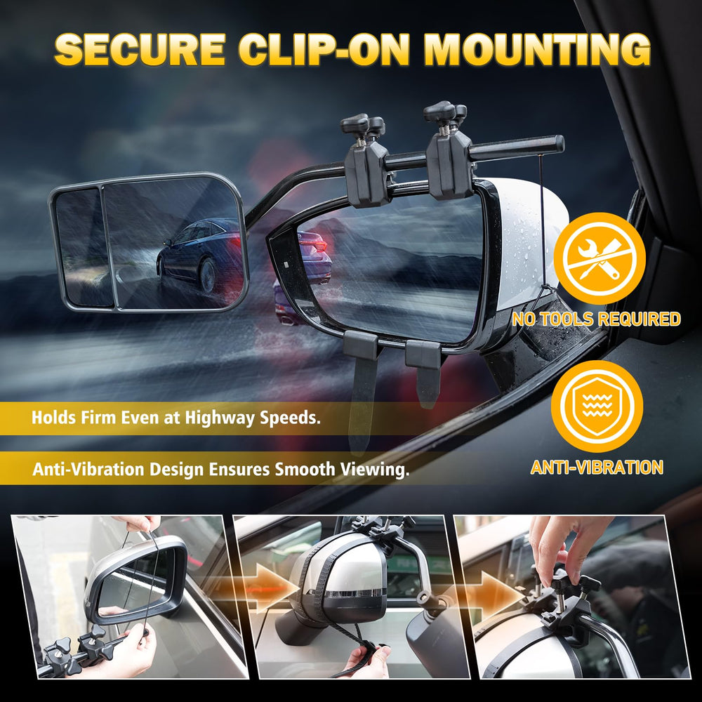 AXIMIRON secure clamps resist wind, keeping tow mirrors stable at speed