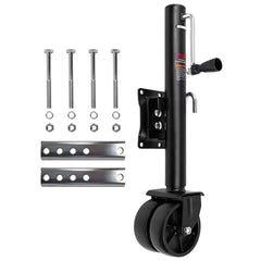 Axiovate 2000 lb trailer jack with wheel stabilizes the front end on uneven ground.
