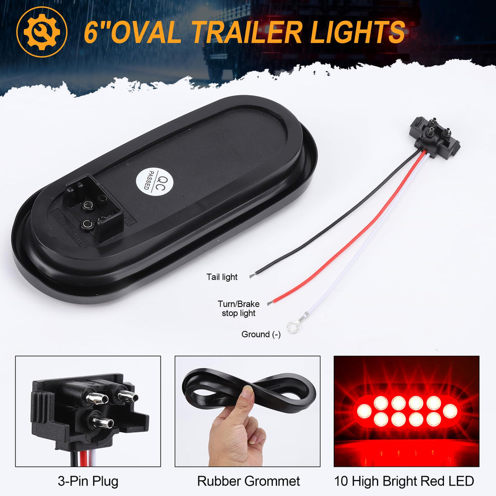 Axiraminora 6-Inch Oval Red LED trailer light with wiring harness and waterproof plug.
