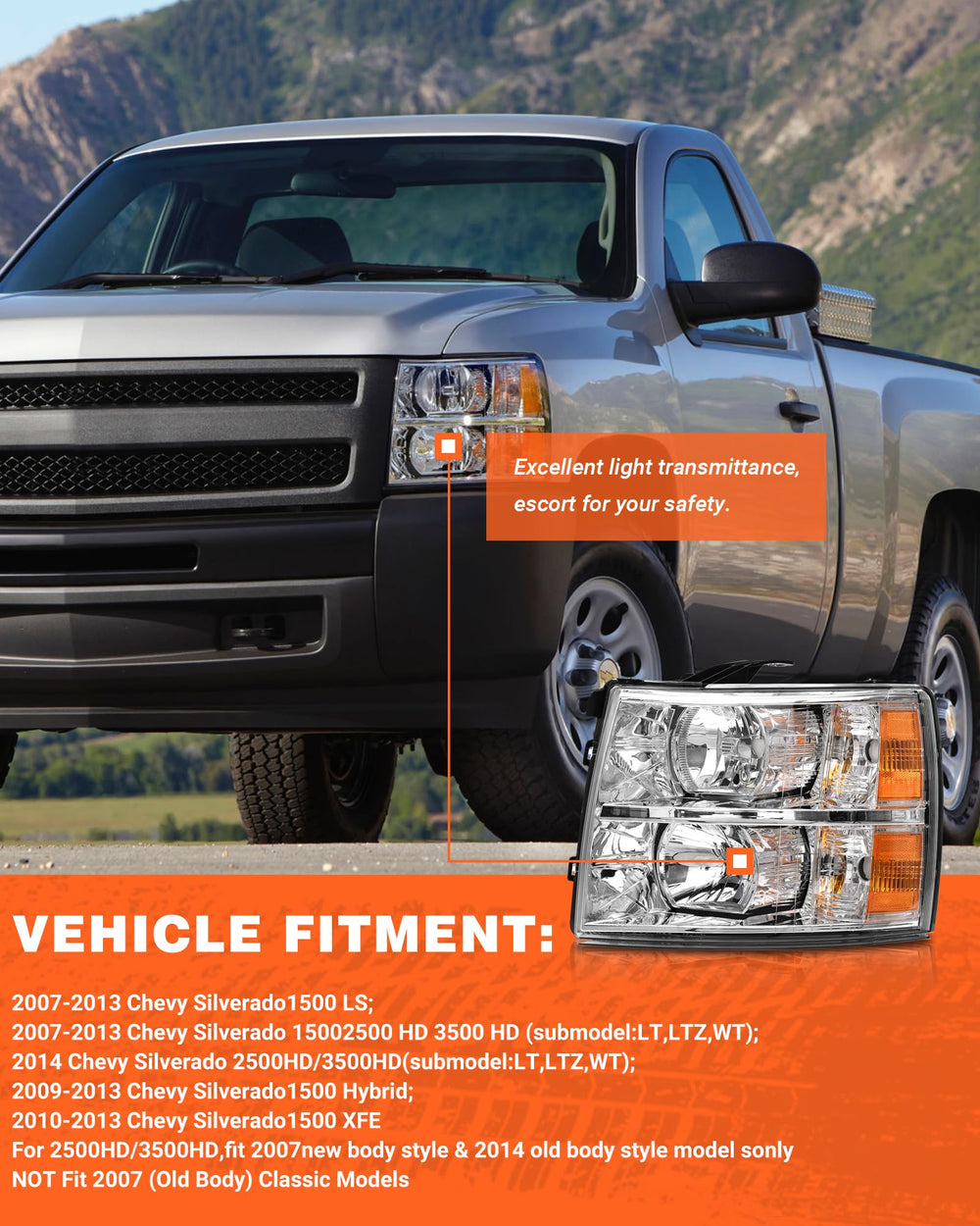 AXLAHA headlights assembly front view for Silverado 2500/3500 improves daytime legibility and style