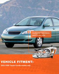 AXLAHA Corolla passenger-side headlight with chrome housing enhances daytime and night presence.