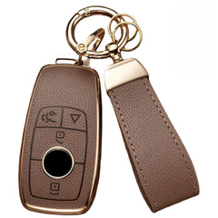 Axtrulix Mercedes key fob cover front view in brown leather for enhanced grip.