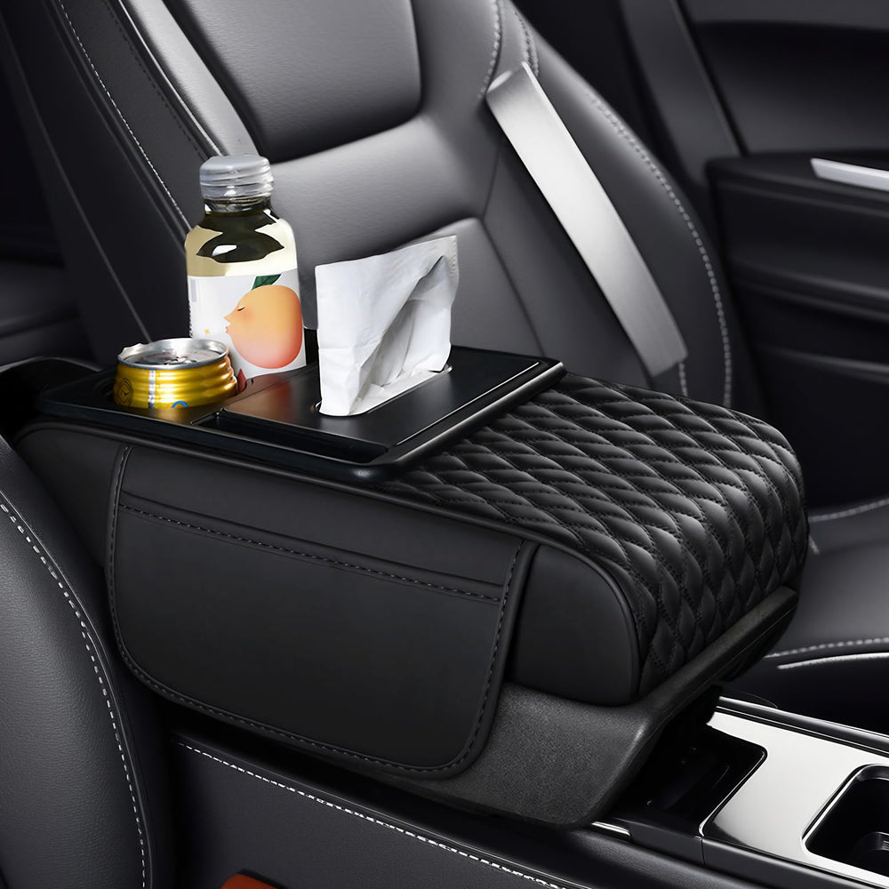 Azconty armrest storage box with 2 cup holders and phone slot for easy access.