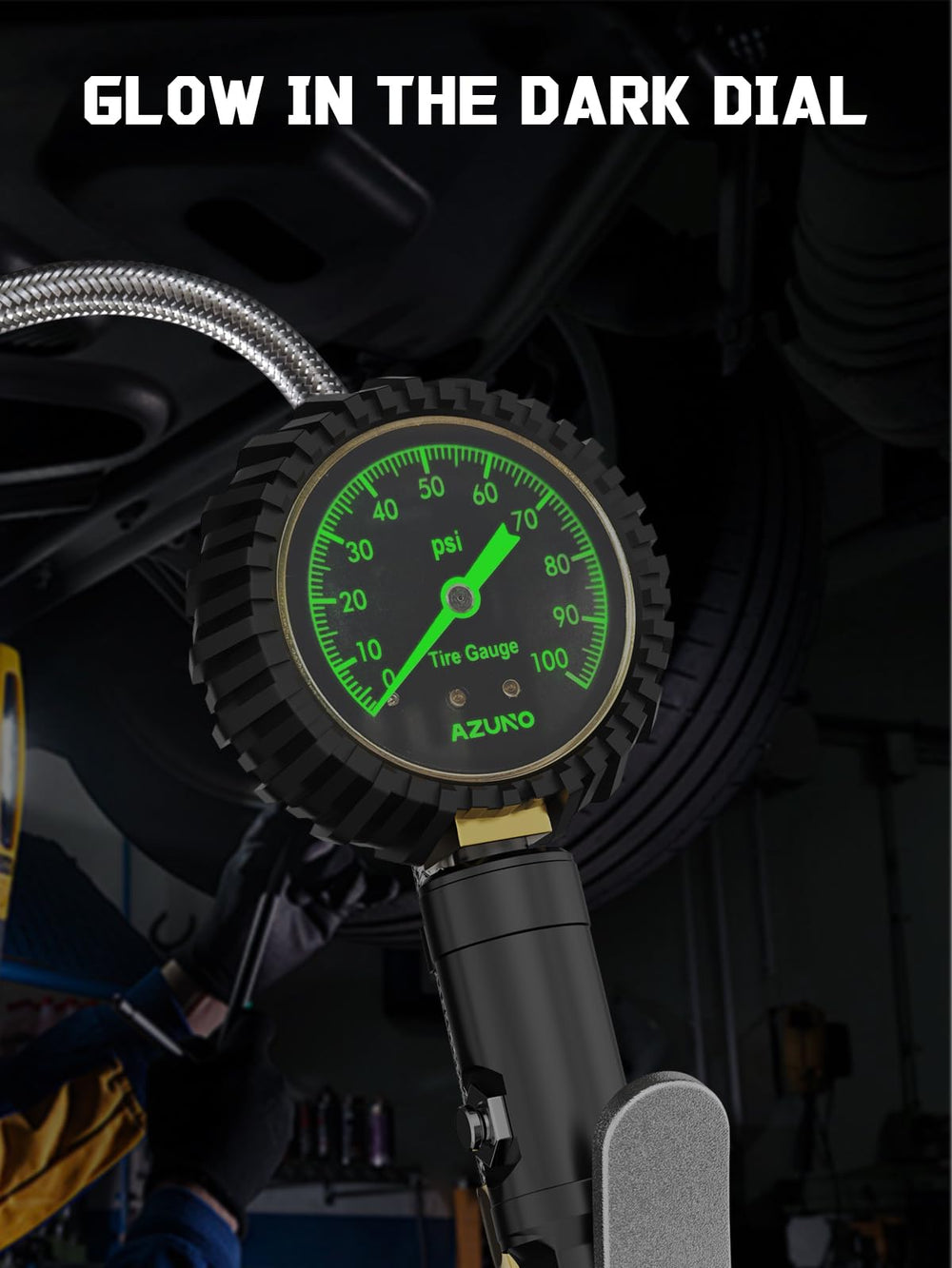 AZUNO 100 PSI dial delivers precise tire pressure at a glance.