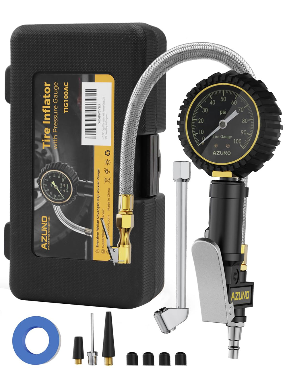 AZUNO analog tire inflator gauge with glow dial for easy night readings.