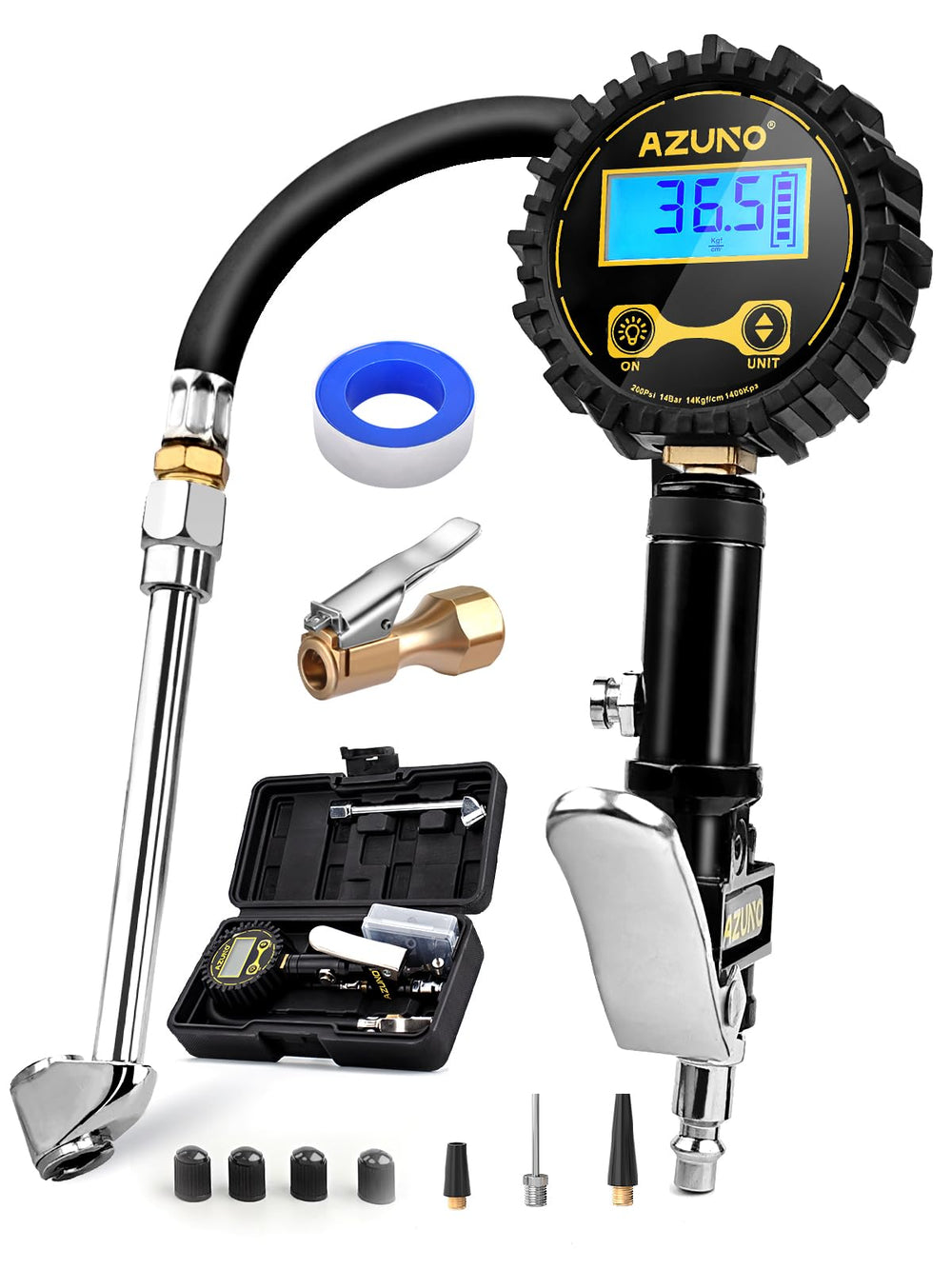 AZUNO inflator front view showing compact design and controls for easy storage