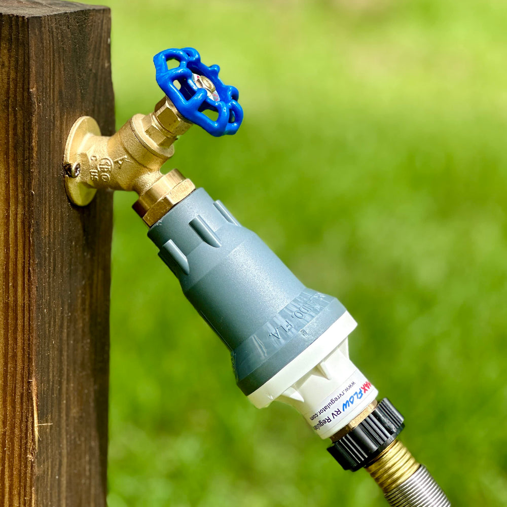 Backyard Flock MAX FLOW RV Regulator installed at water source delivering consistent pressure