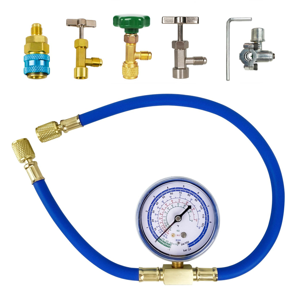 BACOENG R134a kit pressure gauge shows precise readings for a controlled recharge.