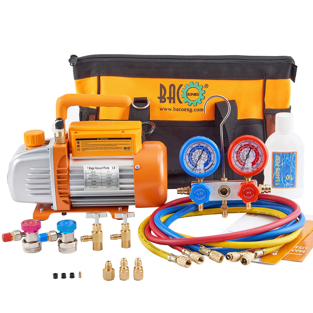 BACOENG vacuum pump front view showing durable all copper motor for reliable auto AC work