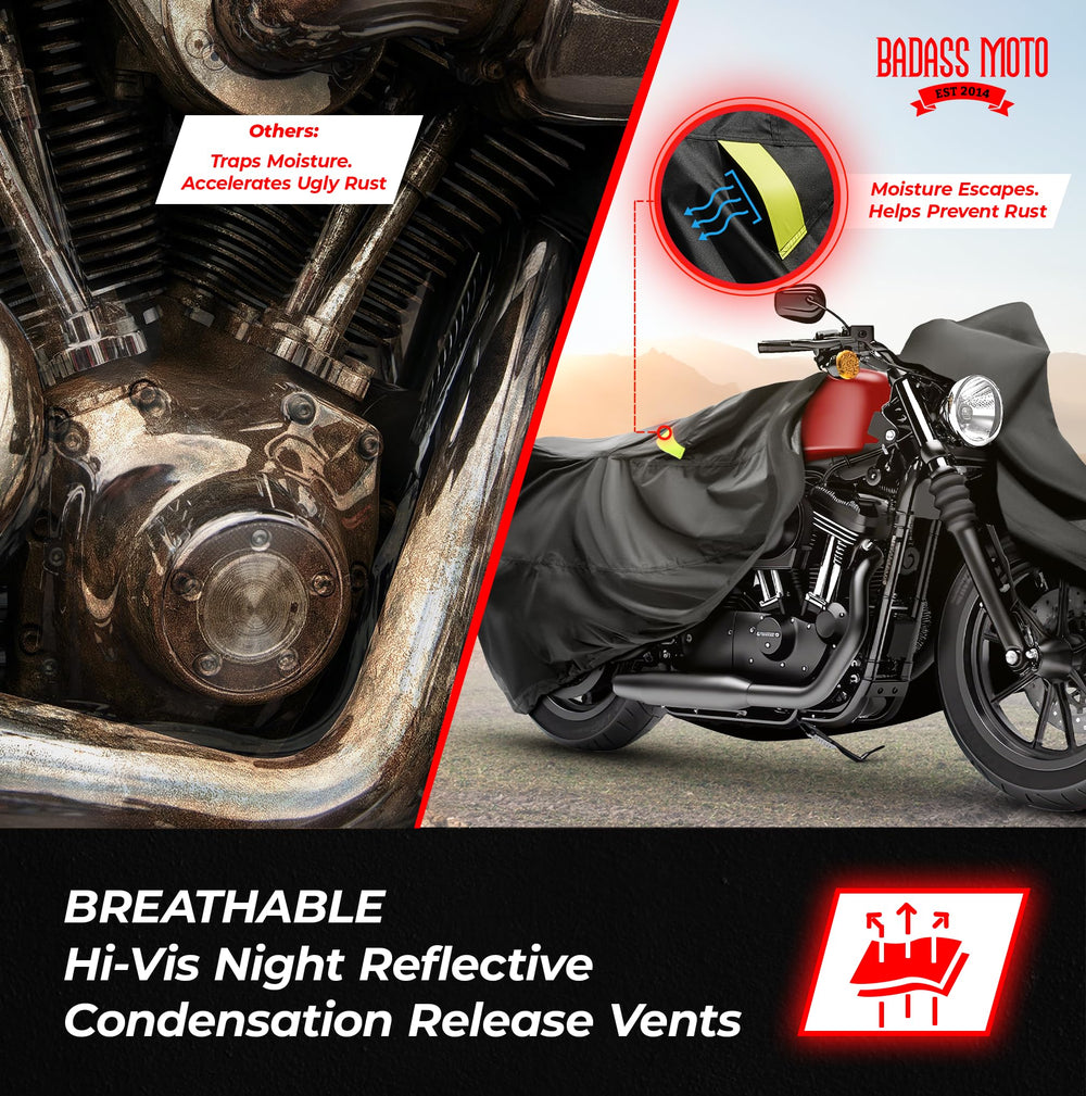 Badass Moto durable seams guard against wear in rain and sun.
