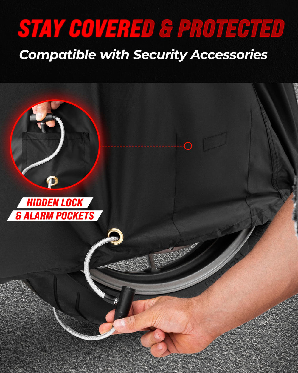 Badass Moto lock pocket and alarm compatibility improves security when parked.