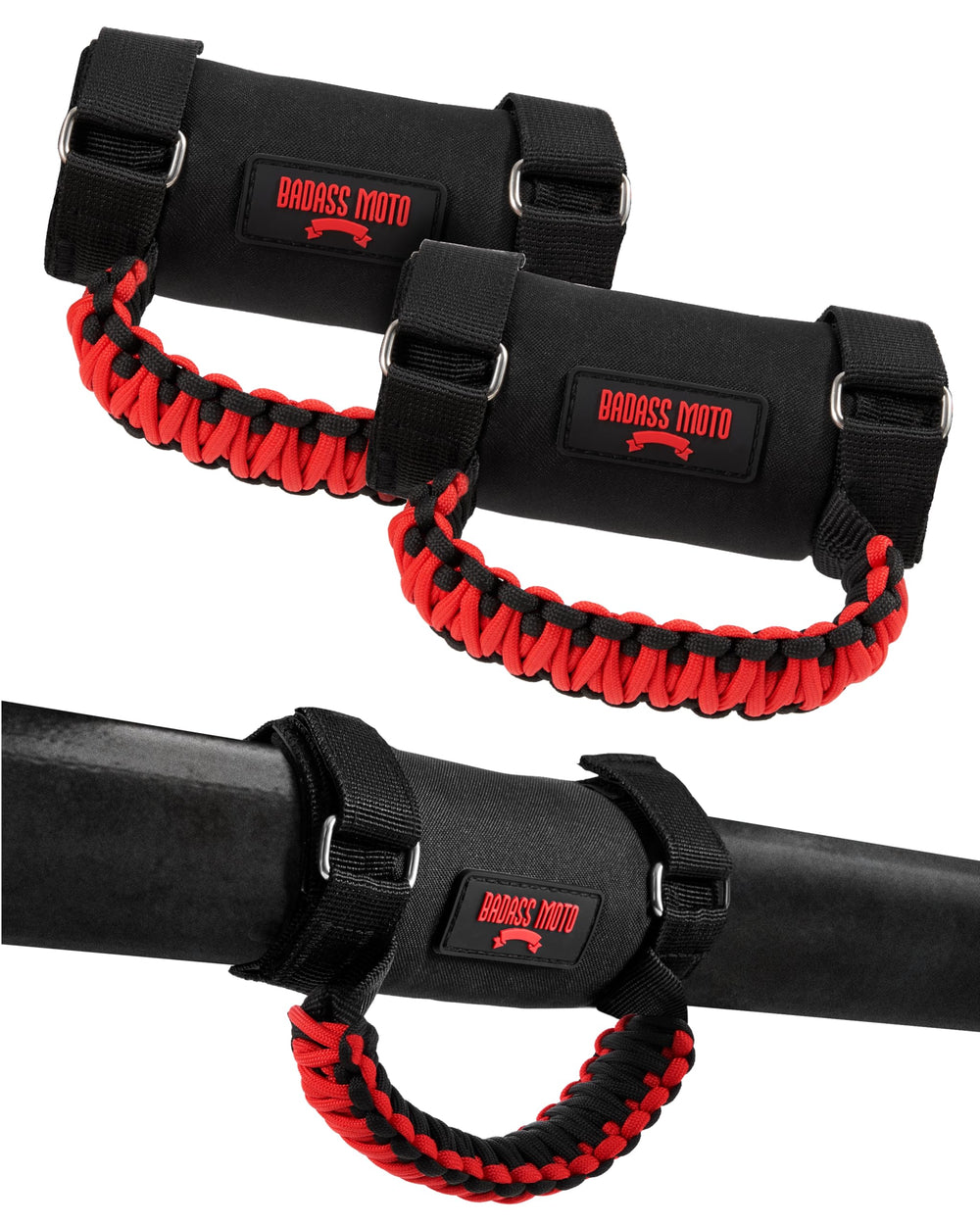 Badass Moto grab handle 2-pack on rugged roll bar for secure passenger grip.
