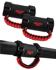 Badass Moto grab handle 2-pack on rugged roll bar for secure passenger grip.