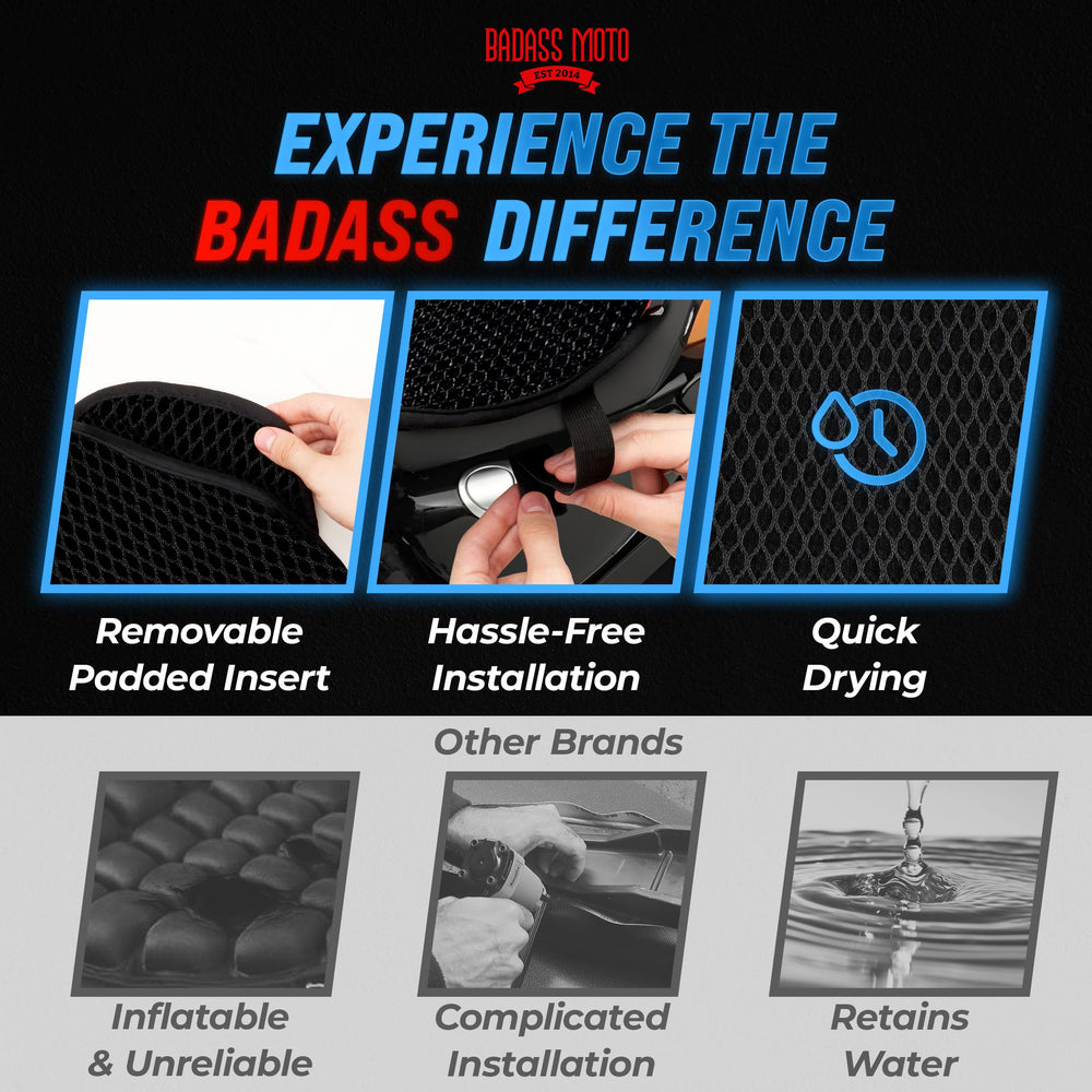 Removable padding insert from Badass Moto for customizable comfort on long trips.