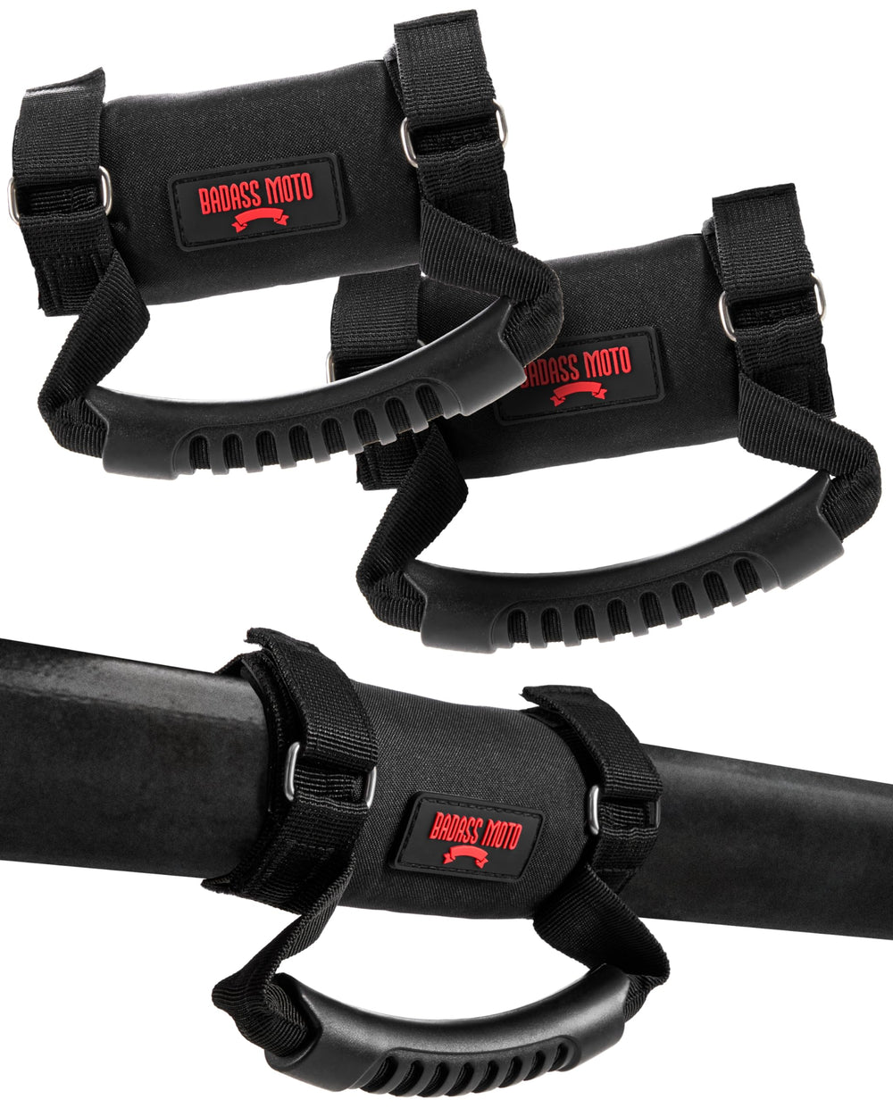 Badass Moto roll bar grab handle black and red front view shows rugged grip