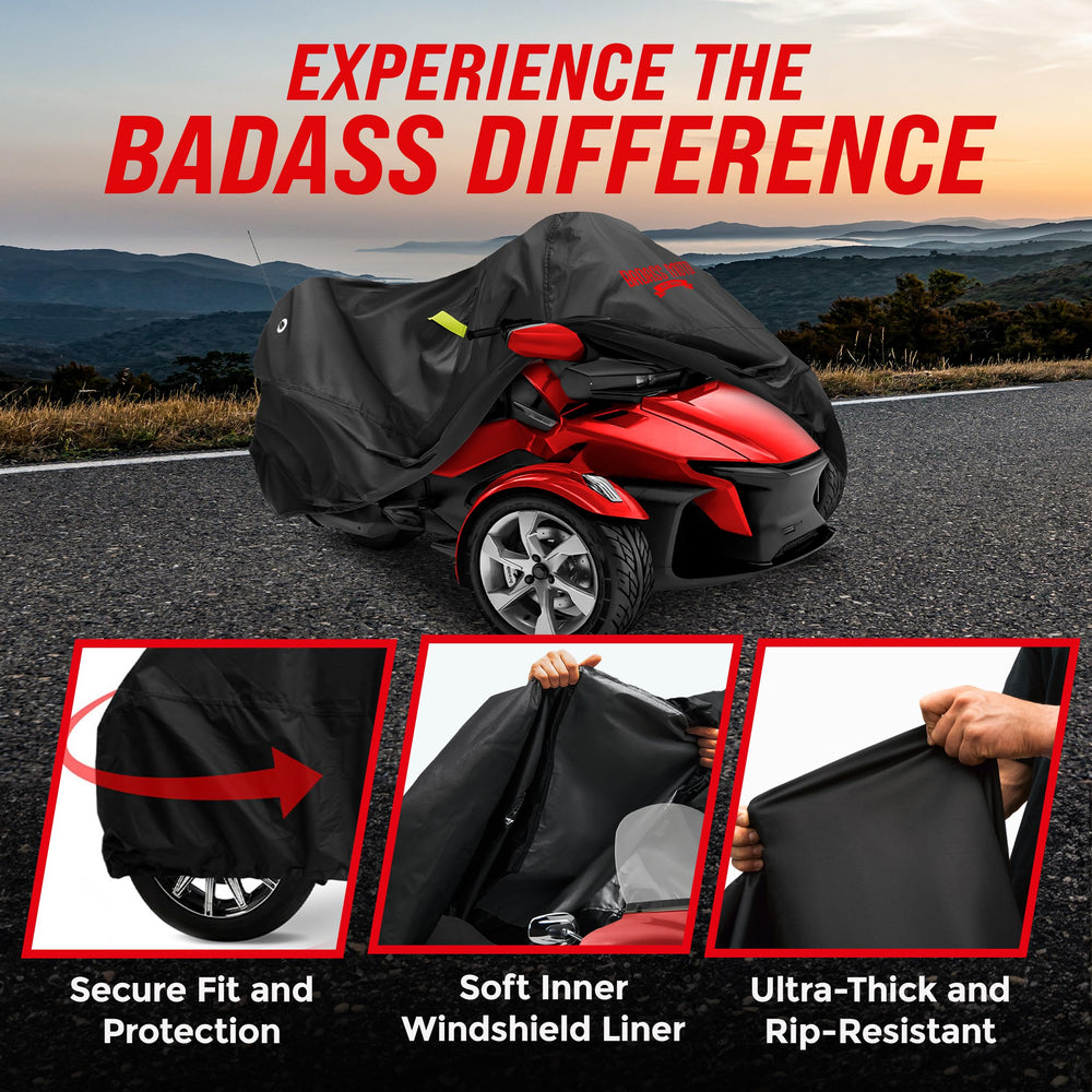 Badass Moto secure strap with latch buckle keeps cover in place in wind