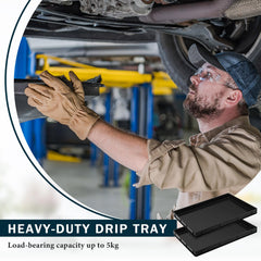 Baderke oil drain pan in a busy garage keeps workspace tidy