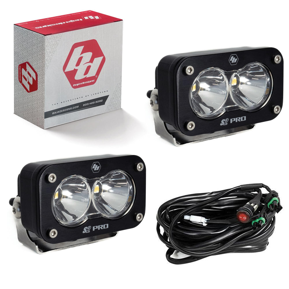 Baja Designs S2 Pro black LED light pods with spot beam for rugged off-road illumination.