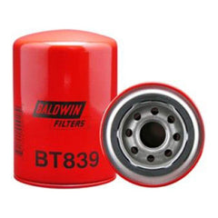 Baldwin BT839 heavy-duty hydraulic spin-on filter installed on engine for clean hydraulic flow.