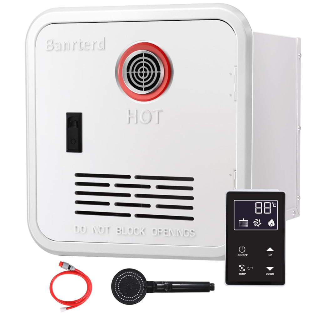 Banrterd RV tankless water heater front view for reliable on-demand showers.