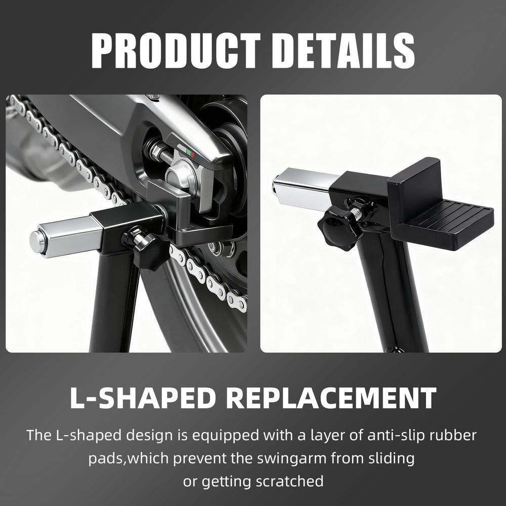BAOUFF U-shaped adapter pair secures motorcycle frame during wheel lift.