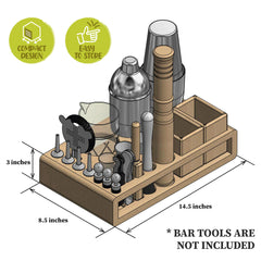 Barillio Bamboo Stand features slot variety for shakers, spoons, jiggers, and corkscrews.