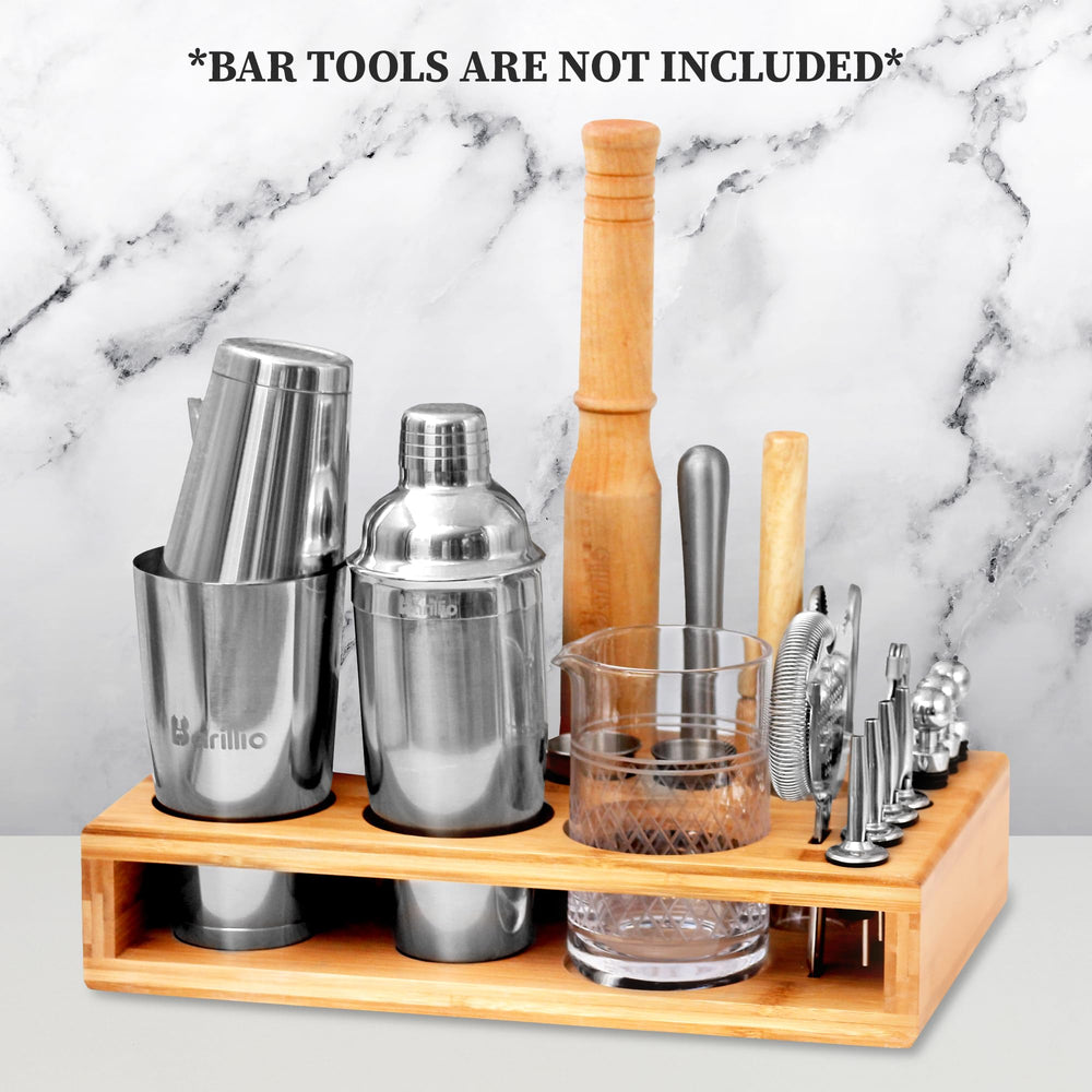 Barillio Bamboo Stand saves counter space by organizing bar tools neatly.
