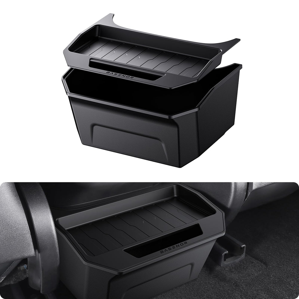 BASENOR Model 3 rear-seat storage box lid keeps items organized and secure.