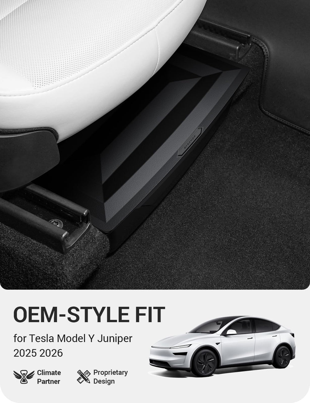 Basenor hidden organizer tray with lid providing privacy inside Model Y Juniper