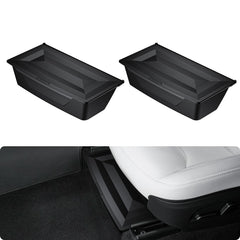 Basenor under-seat storage box neatly installed under Model Y Juniper for organized essentials