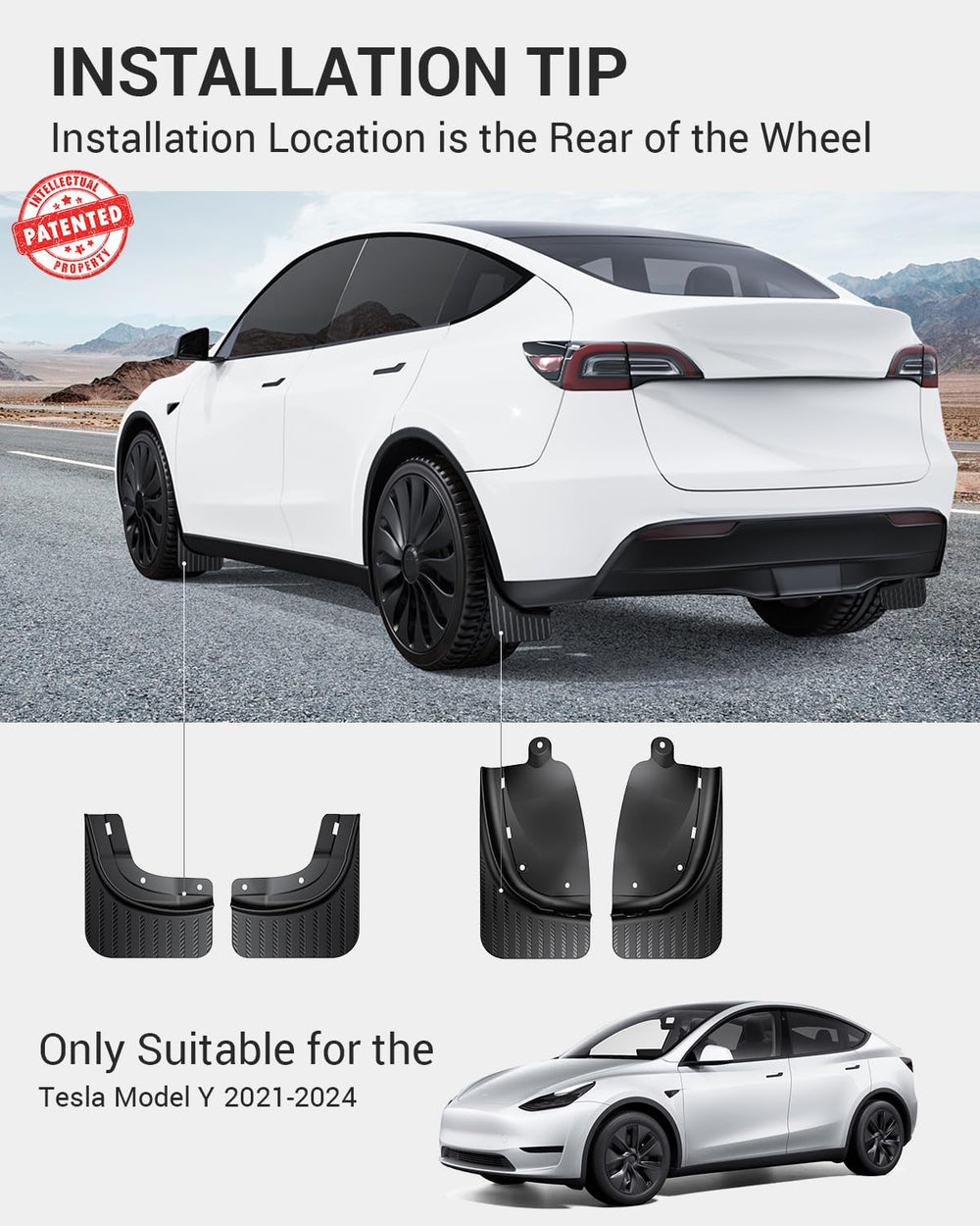 BASENOR Tesla Model Y mud flaps rear view reduce spray toward chassis.