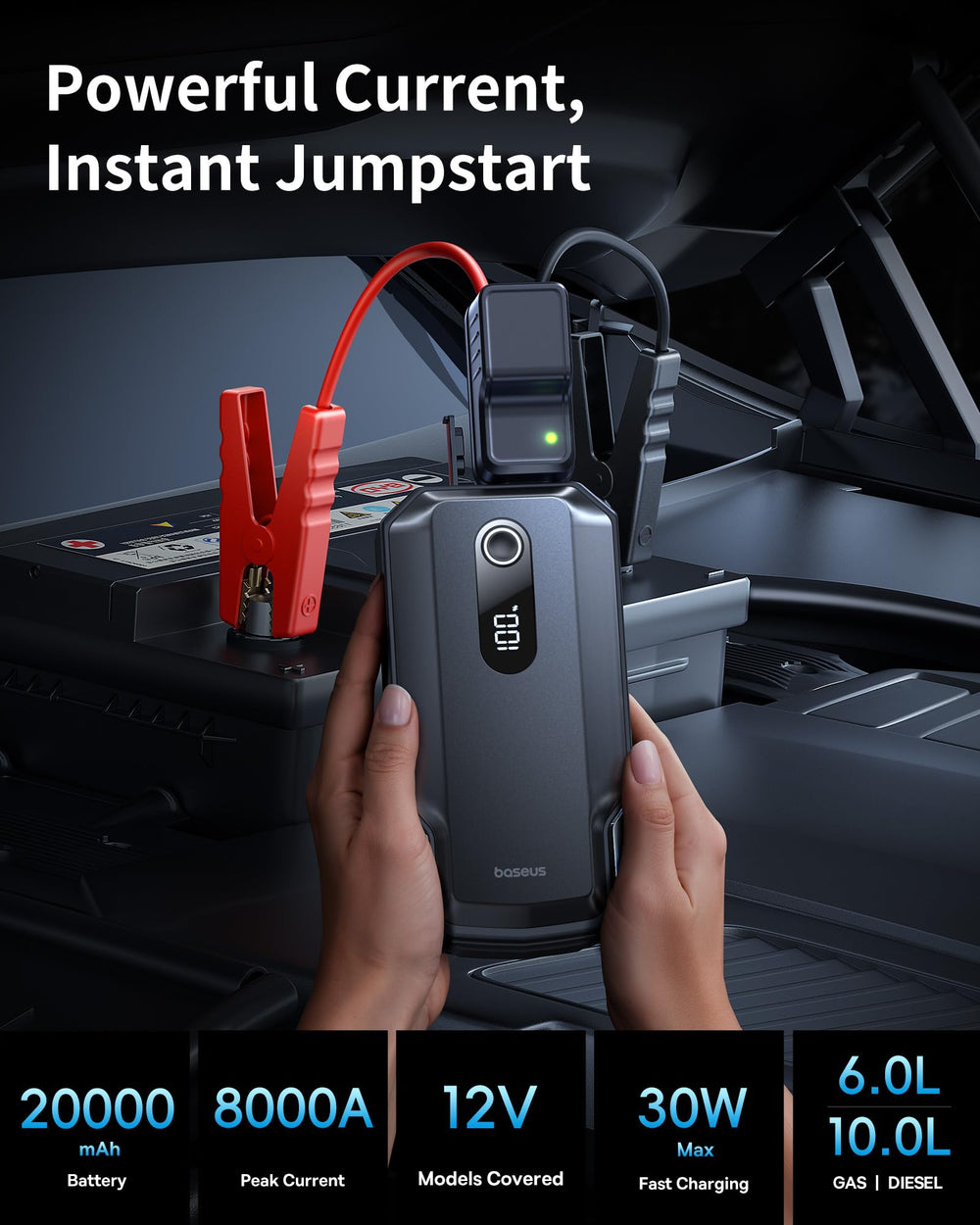Baseus 8000A Jump Starter compact size for cars.