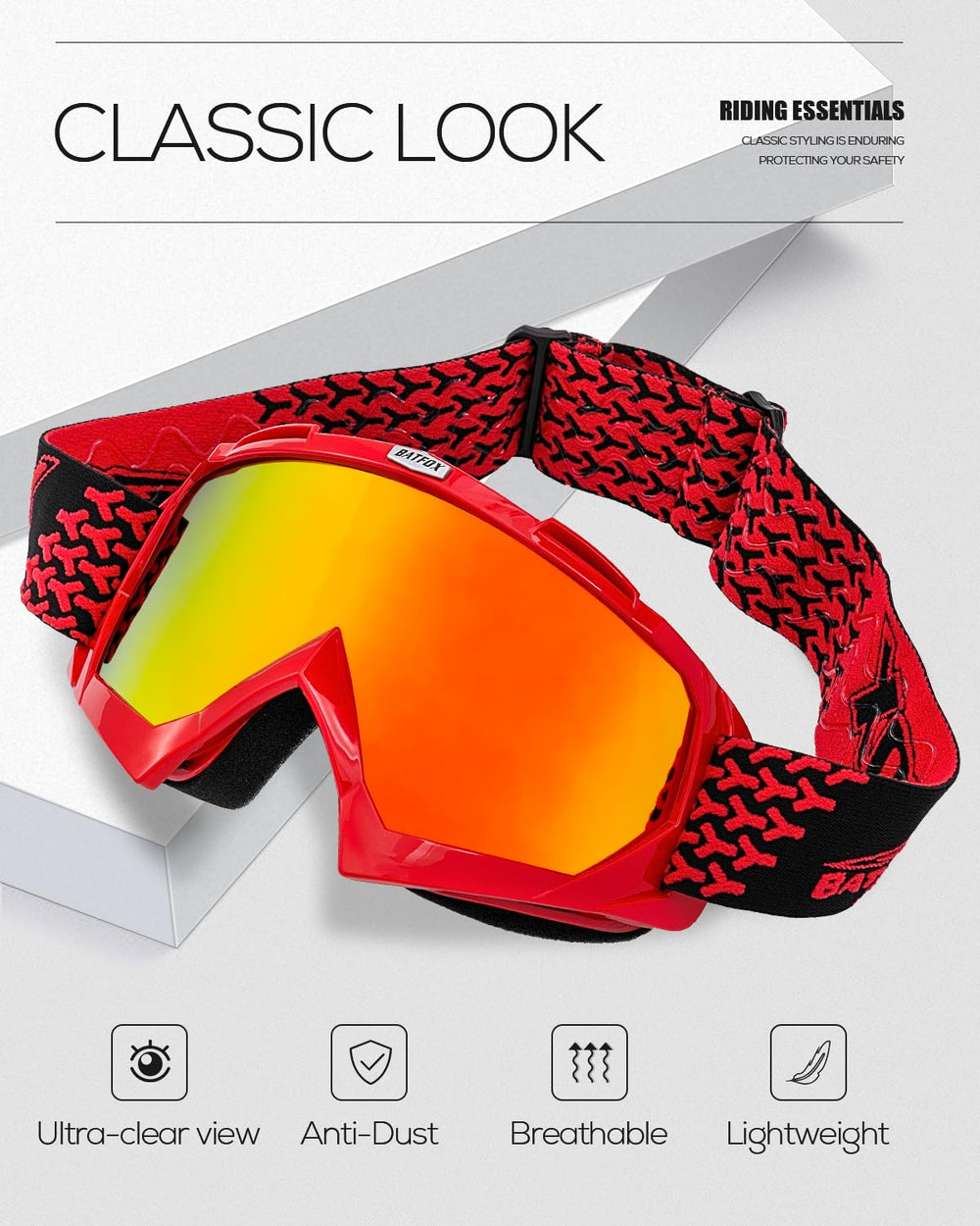 BATFOX goggles show PC lenses and ABS frame for durable protection.