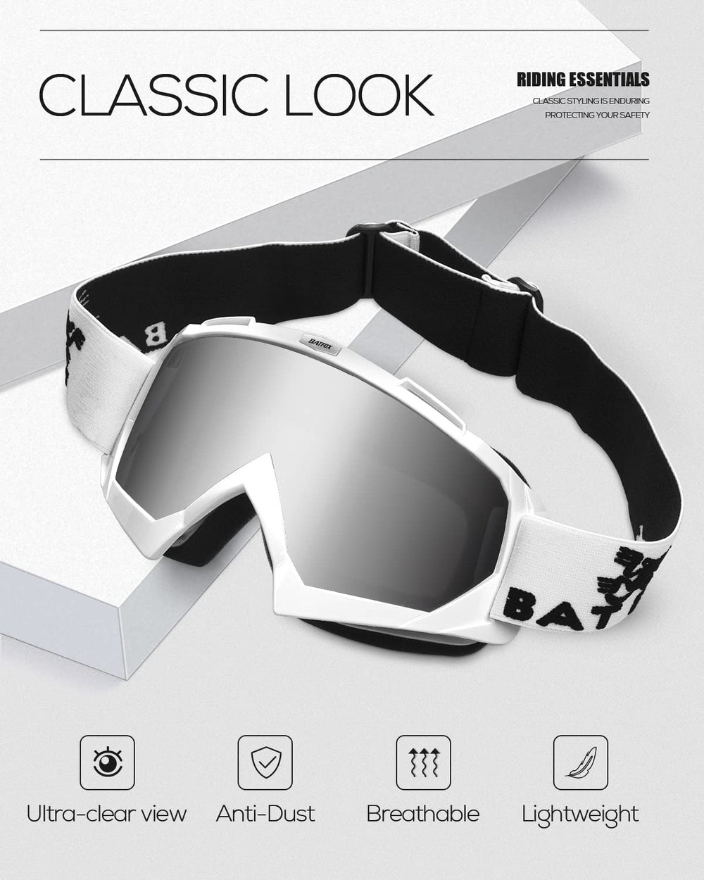 BATFOX goggles with PC lenses deliver clear vision while resisting debris.