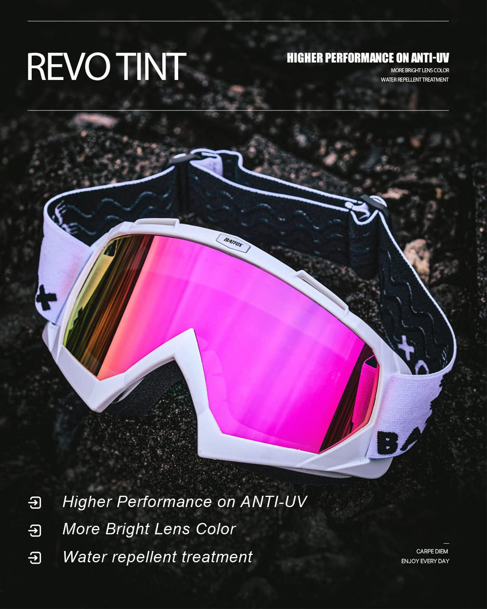BATFOX UV400 lens detail for glare reduction on sunny trails.