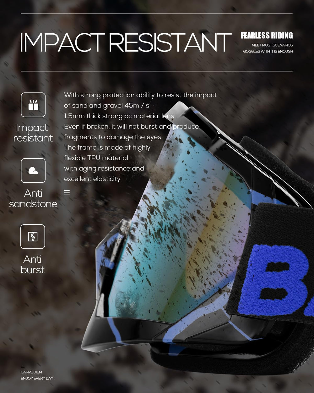 BATFOX Goggles provide dust resistance for clear visibility